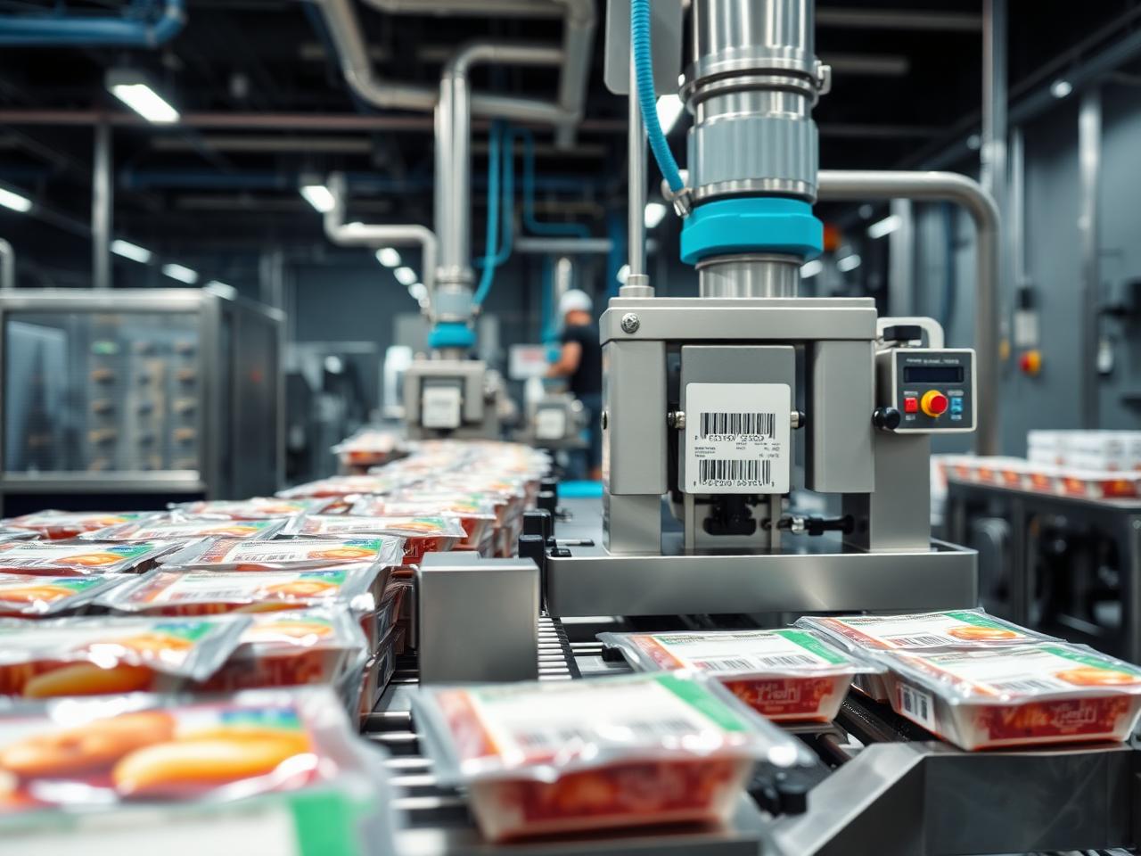 Linha de embalagem de alimentos com rótulos aplicados